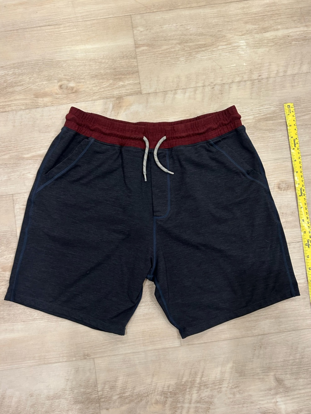 Marine Layer Men's Dark Blue Athletic Shorts with Burgundy Waistband